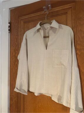 Relaxed Cream V-Neck Collared Linen-Blend Blouse
